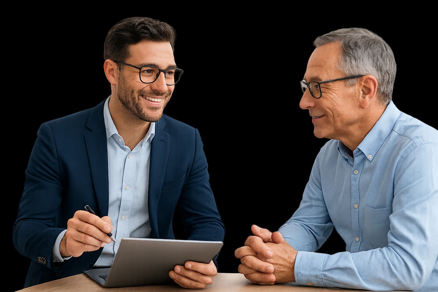 zeige einen agency inhaber bei einem kundengespräch ... er ist top vorbereitet und ... geht auf den kunden ein .. der kunde hat vertrauen und fühlt sich verstanden .. dank künstlicher intelligenz